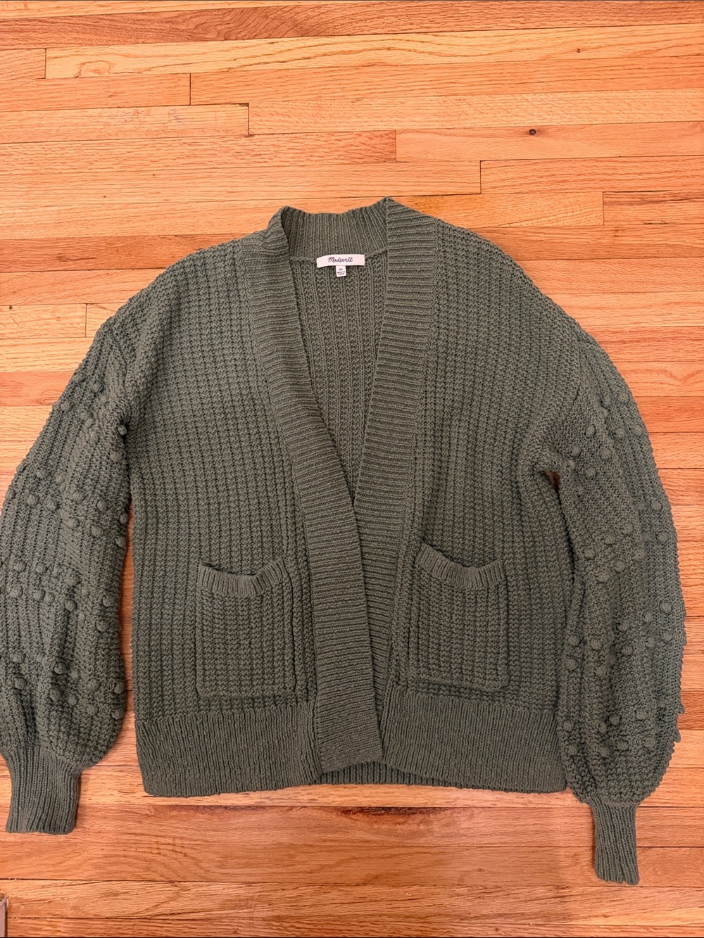 Madewell Olive Green Chunky Open Cardigan with Bobble Sleeves